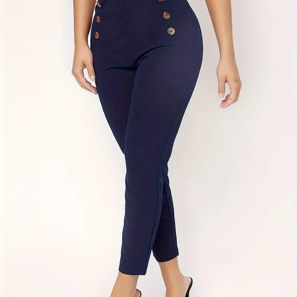 Navy High-Waisted Button Detail ankle Pants